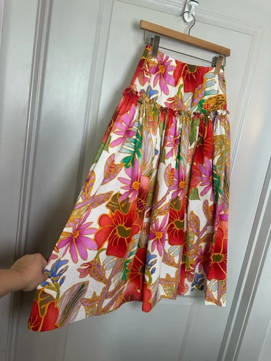 Mara Hoffman Bettina Floral Organic Cotton DropWaist Ruffle Maxi Luxury Skirt,XS - Picture 12 of 15